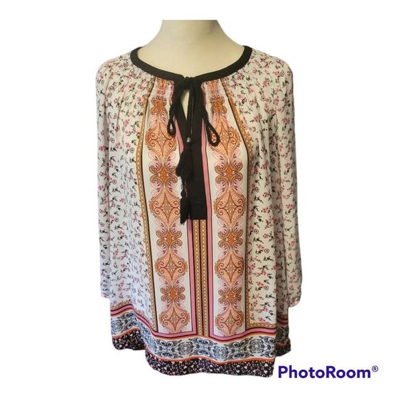 DR2 Tops - DR2 Daniel Rainn Women's Black White Pink Floral Peasant Boho Blouse Size L